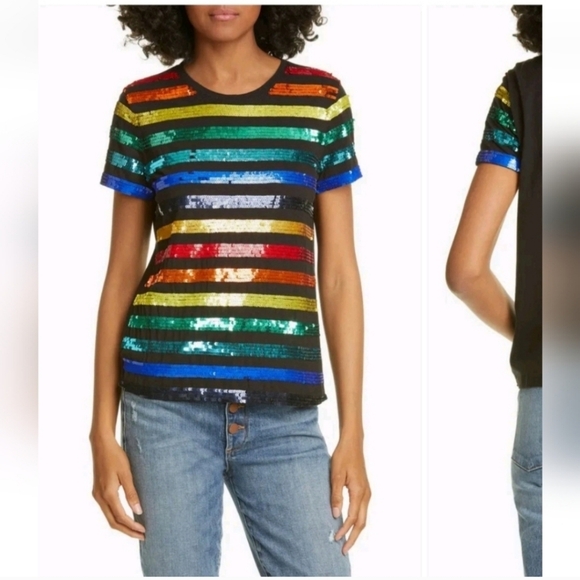 Alice + Olivia Rylyn Sequin Rainbow Stripe Tee size XS - Picture 4 of 12